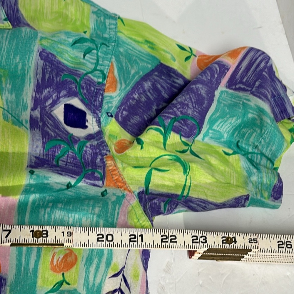 Weekend Clothes Line Retro 80’s Womens Shirt Sz L Green Blue Floral Print Rayon - Picture 5 of 9